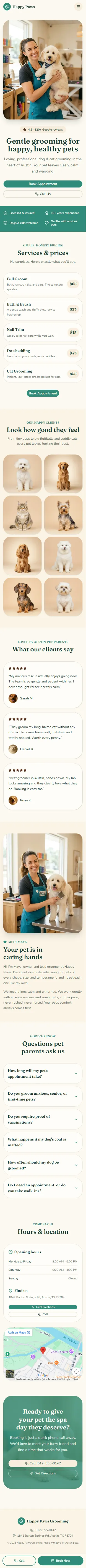 Example pet grooming website shown on a phone