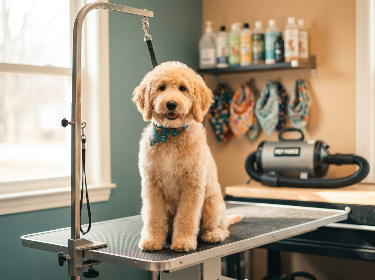 Freshly groomed Goldendoodle sitting on a grooming table in a bright pet grooming salon