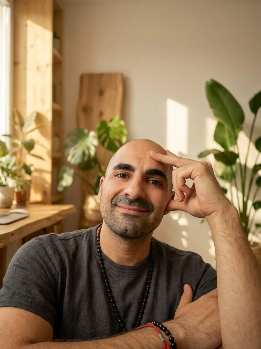 Portrait of Juan Isidoro, full-stack web developer, in a bright plant-filled room