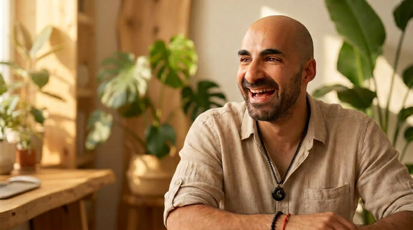 Juan Isidoro, full-stack web developer, at a sunlit desk surrounded by plants