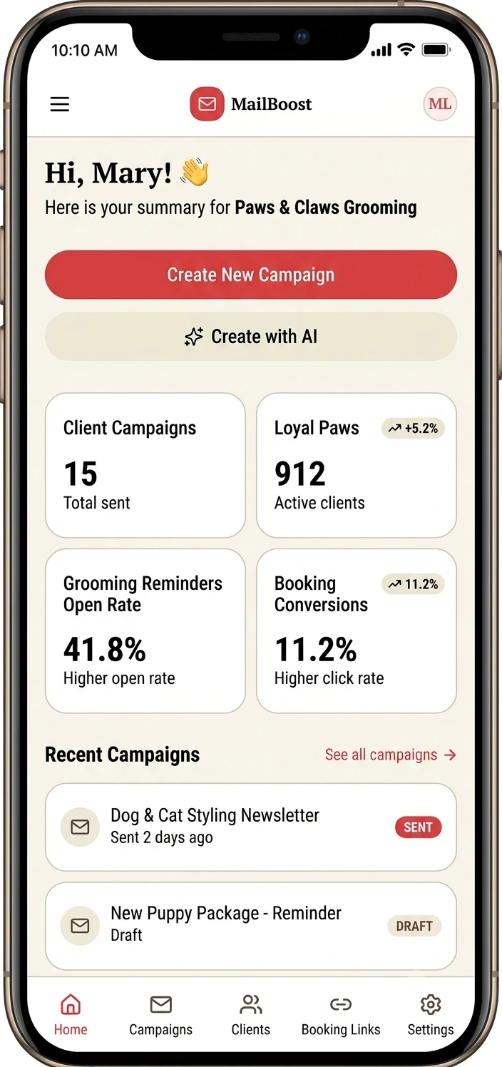 MailBoost app dashboard for pet groomers, showing email campaigns, appointment reminder open rates and booking conversions